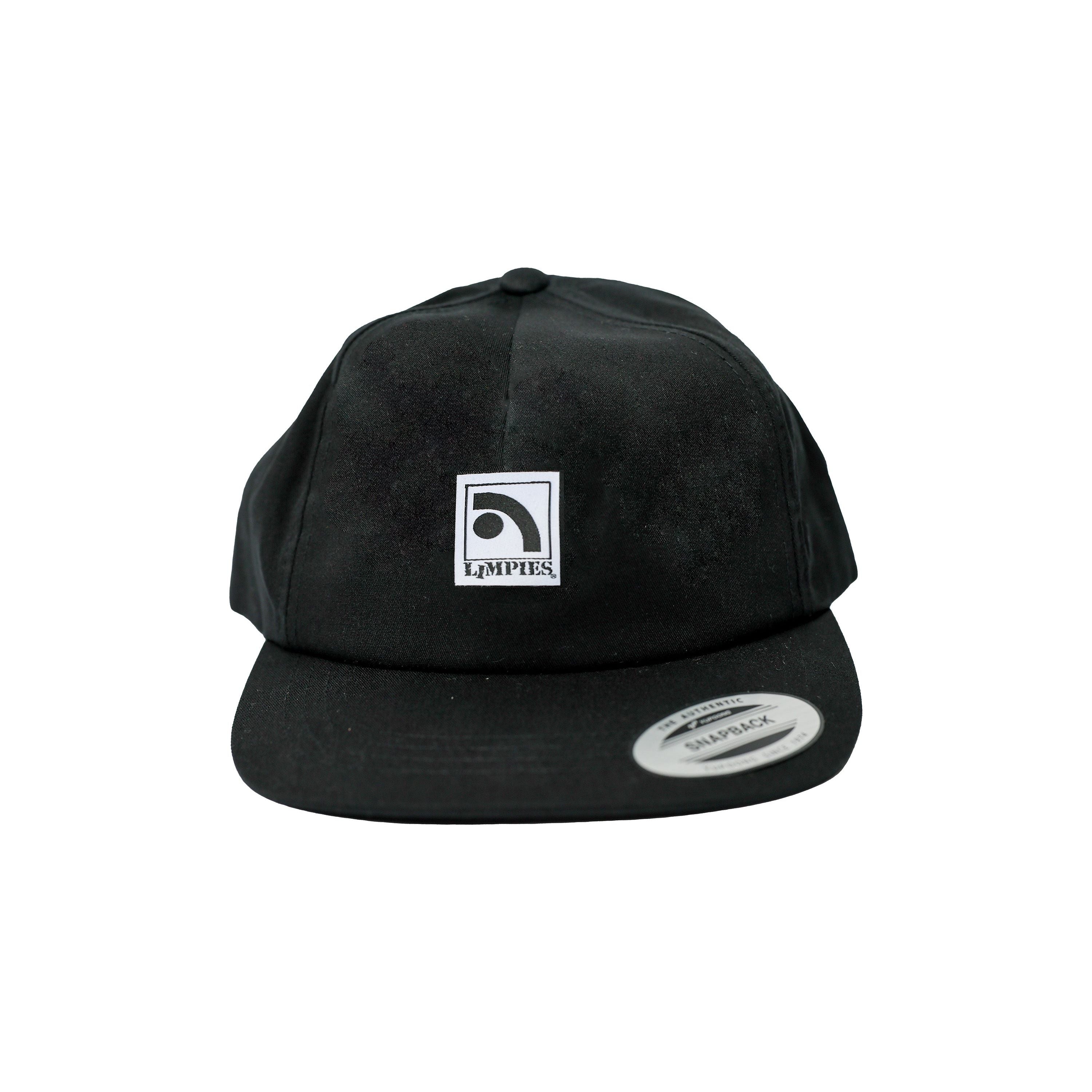 Limpies Patch Logo 5-Panel Unstructured Snapback Hat — retro skatewear brand hat with woven patch logo. Mid-profile 5-panel unstructured crown, one-size snapback closure, vintage street style for skaters.
