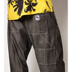 "Carp Skate Pant" in black denim with contrast stitching, retro workwear style. 90s streetwear durability with the loose fit demanded by authentic workwear skate pants. Made in USA.