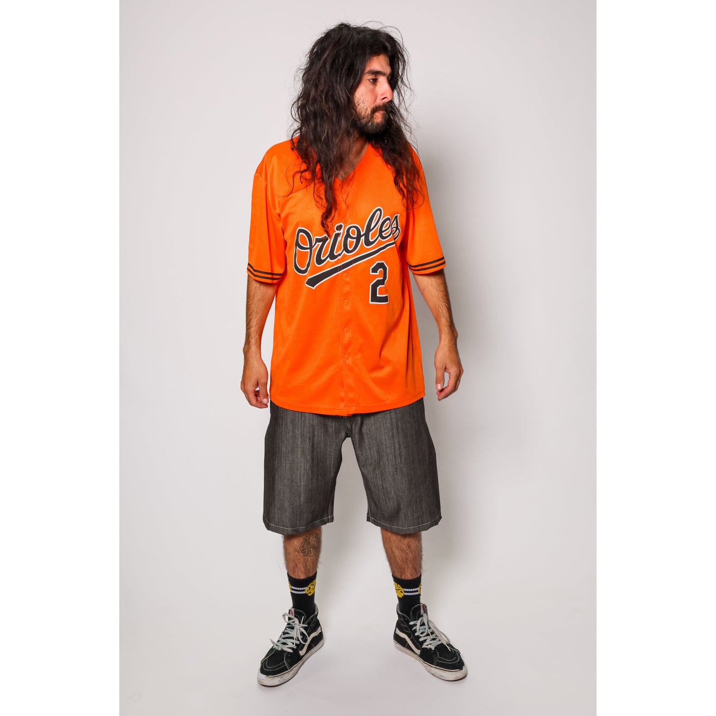 "Over the Knee" skate shorts in black denim with contrast stitching. Workwear style shorts with the wide cut and resilience of 90s denim skatewear for the asphalt. Made in USA.