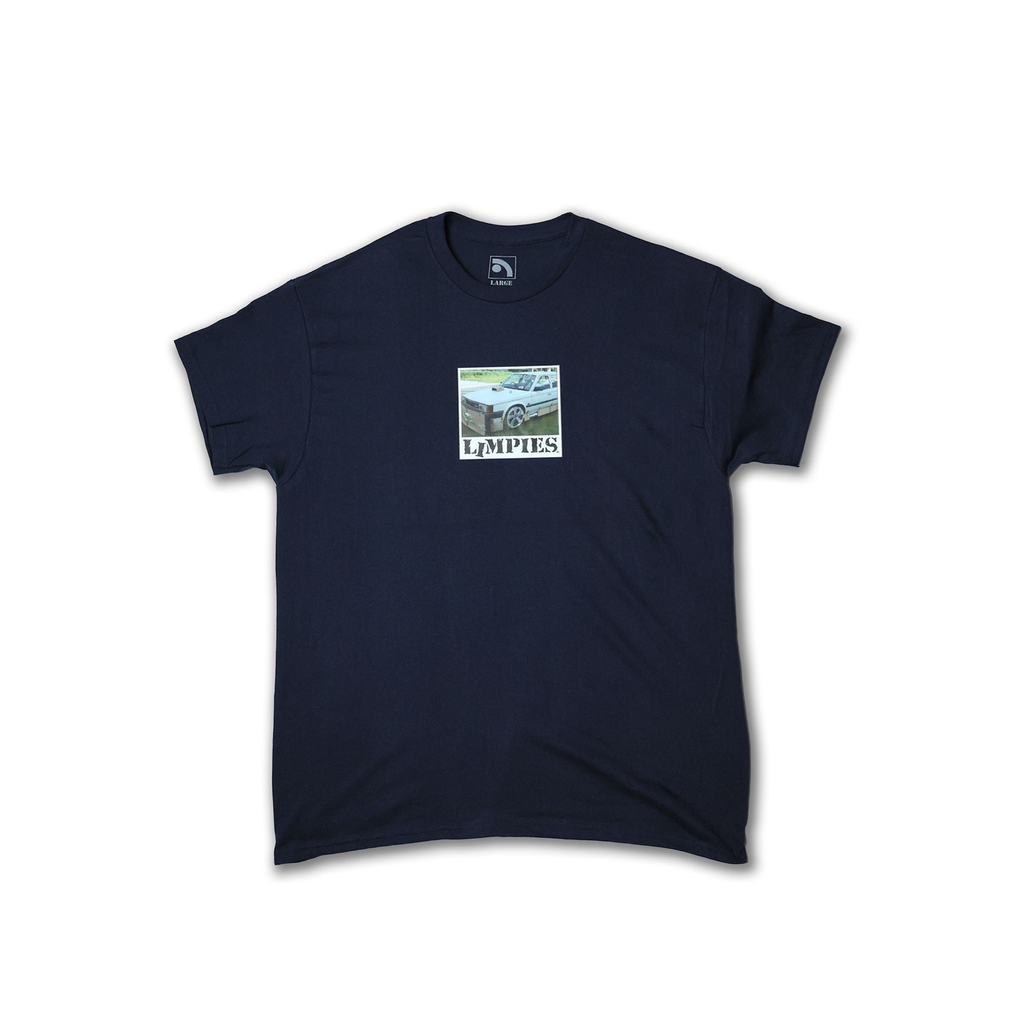 Limpies Cardboard Motorsports T-Shirt — retro skate clothing inspired by 90s motorsport culture. Vintage-style graphic tee from Limpies skatewear brand, featuring bold print and sustainable streetwear design for skaters.