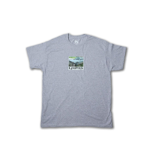 Limpies Cardboard Motorsports T-Shirt — retro skate clothing inspired by 90s motorsport culture. Vintage-style graphic tee from Limpies skatewear brand, featuring bold print and sustainable streetwear design for skaters.