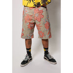 "Over the Knee" skate shorts with a striking Flower Paisley print. Unique vintage pattern shorts that channel the daring retro skate jorts of the 90s decade. Made in USA.