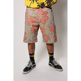 "Over the Knee" skate shorts with a striking Flower Paisley print. Unique vintage pattern shorts that channel the daring retro skate jorts of the 90s decade. Made in USA.