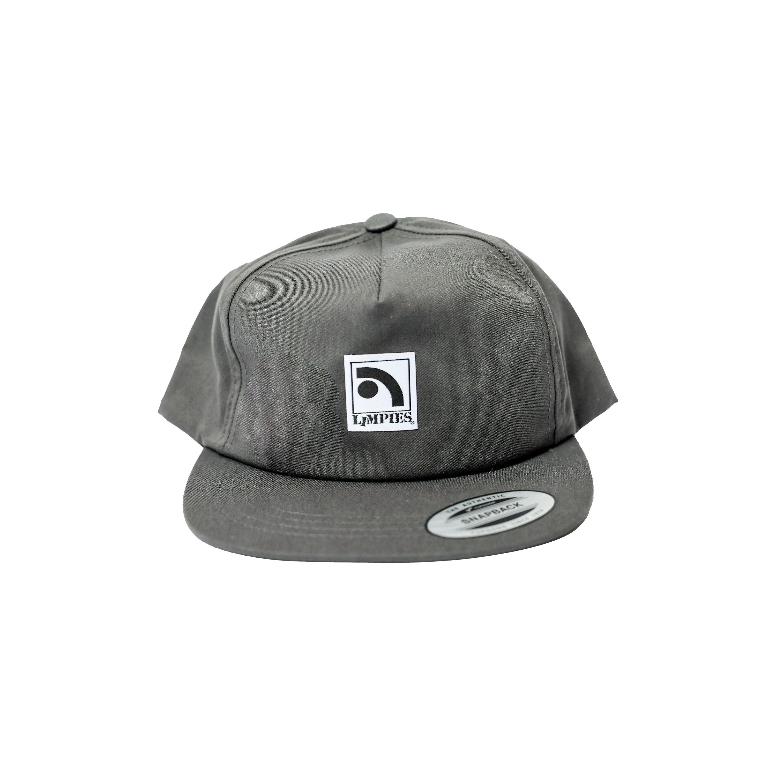 Limpies Patch Logo 5-Panel Unstructured Snapback Hat — retro skatewear brand hat with woven patch logo. Mid-profile 5-panel unstructured crown, one-size snapback closure, vintage street style for skaters.