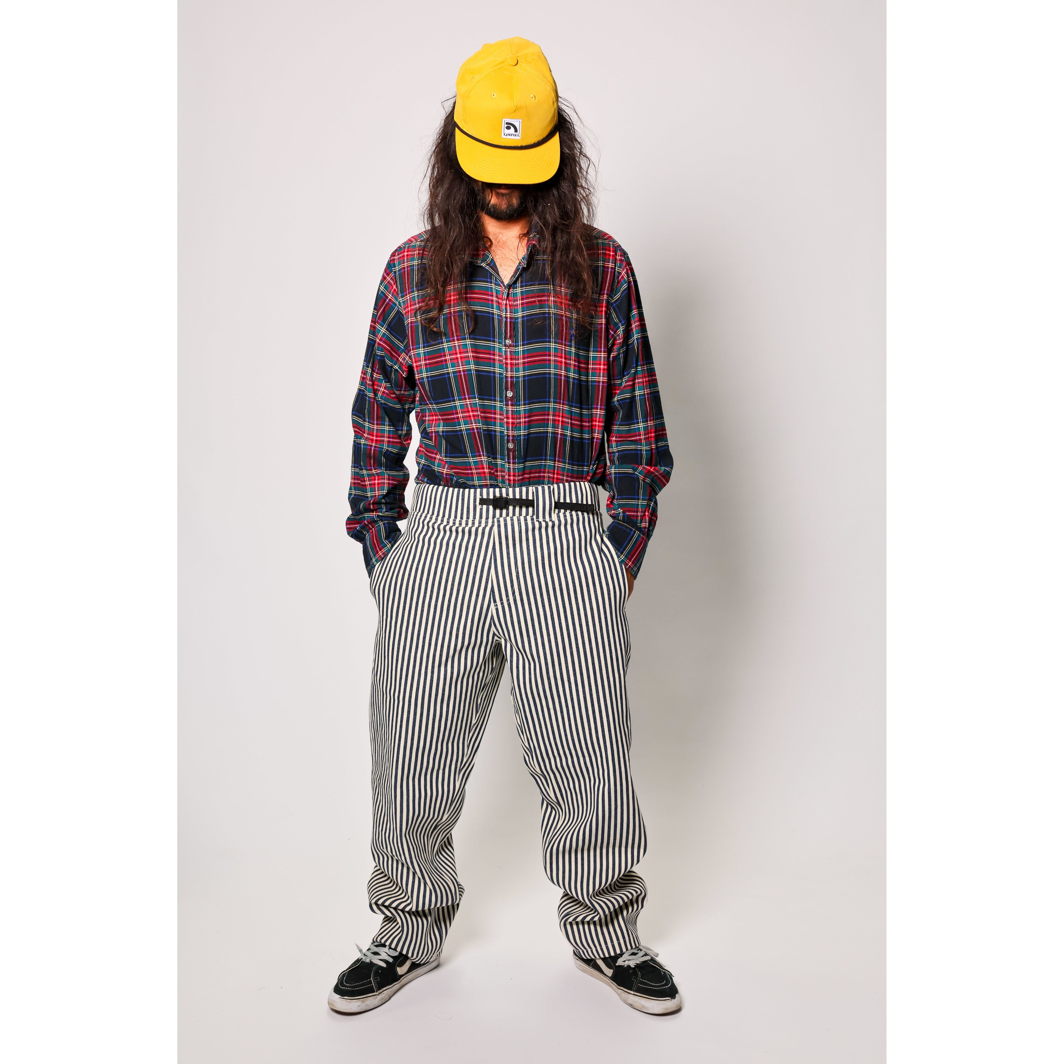 "Stripe Baggy" skate pants with a Hickory stripe pattern. Vintage stripe pants with the retro 90s baggy fit that defines the Limpies style. Collector's item made in USA.