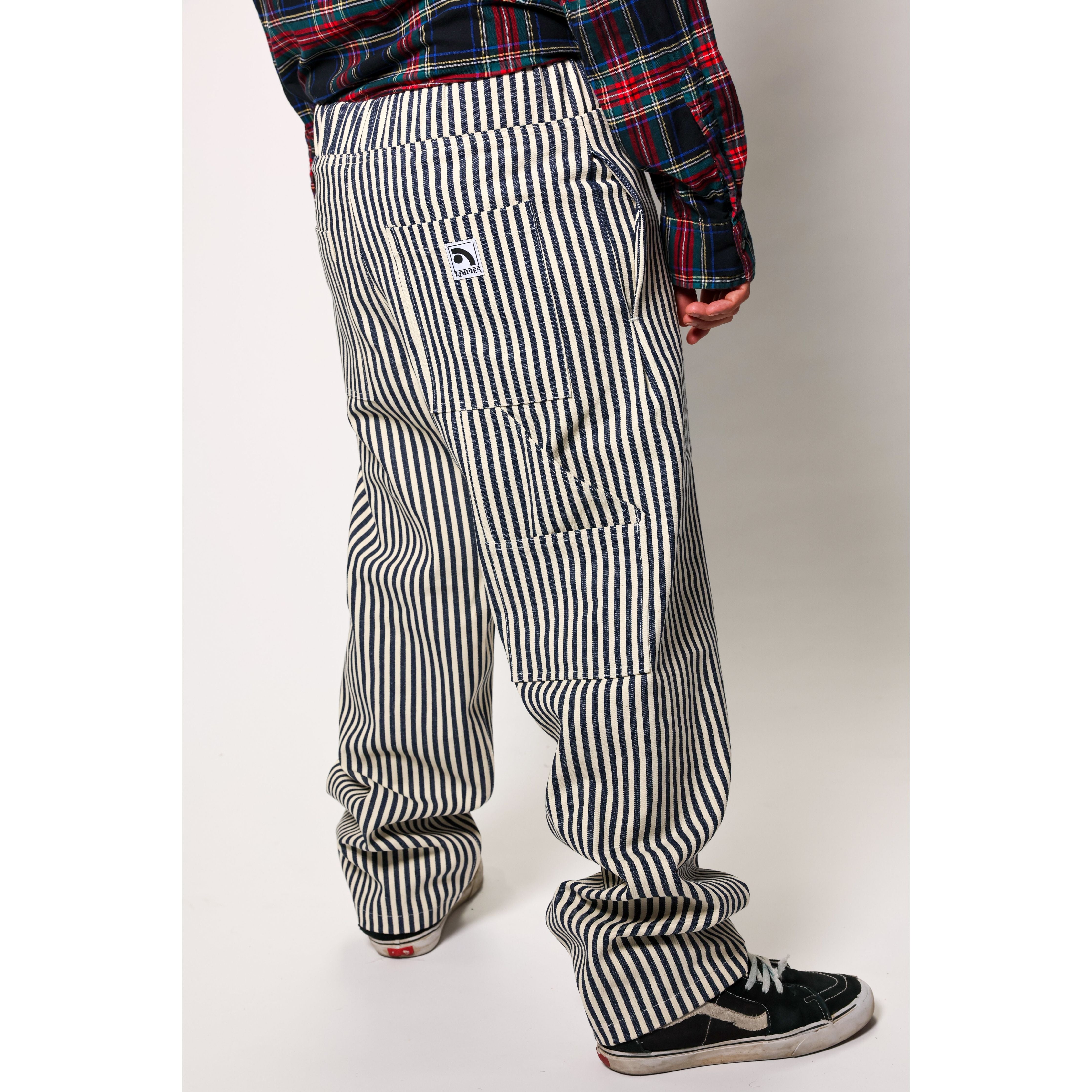 "Stripe Baggy" skate pants with a Hickory stripe pattern. Vintage stripe pants with the retro 90s baggy fit that defines the Limpies style. Collector's item made in USA.