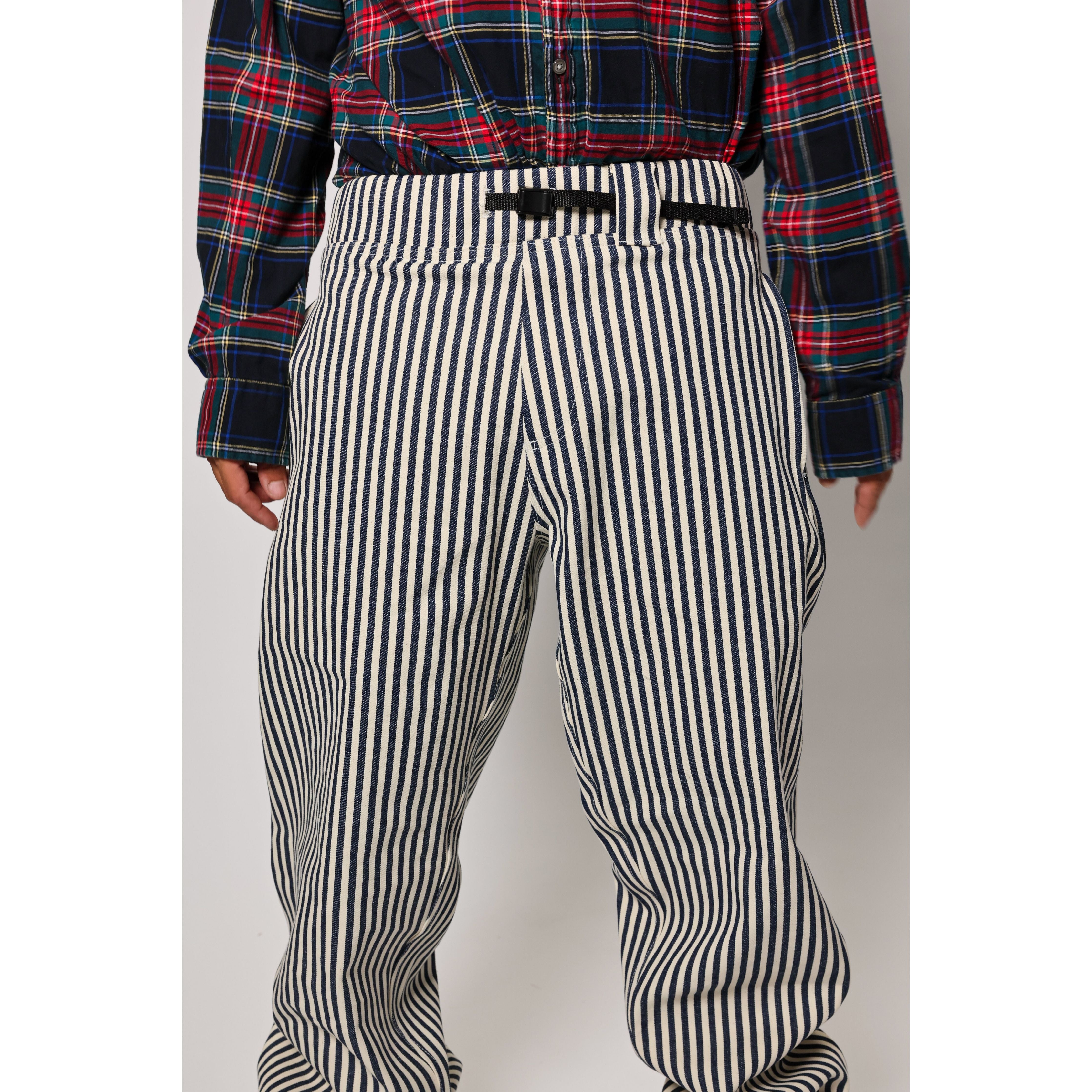 "Stripe Baggy" skate pants with a Hickory stripe pattern. Vintage stripe pants with the retro 90s baggy fit that defines the Limpies style. Collector's item made in USA.
