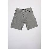 "Over the Knee" skate shorts with a Hickory stripe pattern. The wide cut that recalls retro jorts style and 90s baggy skatewear, maintaining authenticity and urban flow.