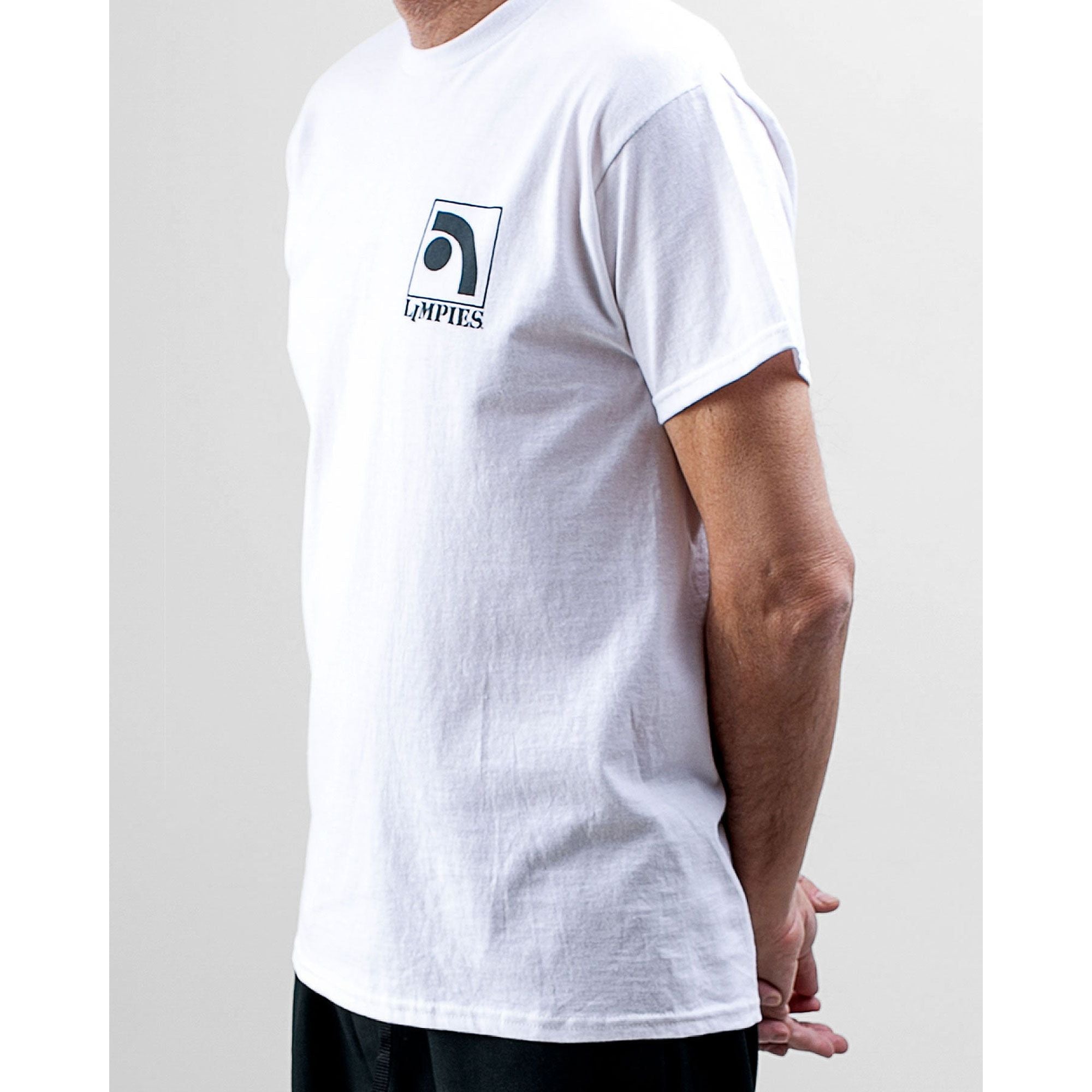 Limpies classic logo shirt printed on the chest. An essential classic skate tee with an authentic 90s streetwear icon vibe for skaters and retro style enthusiasts.