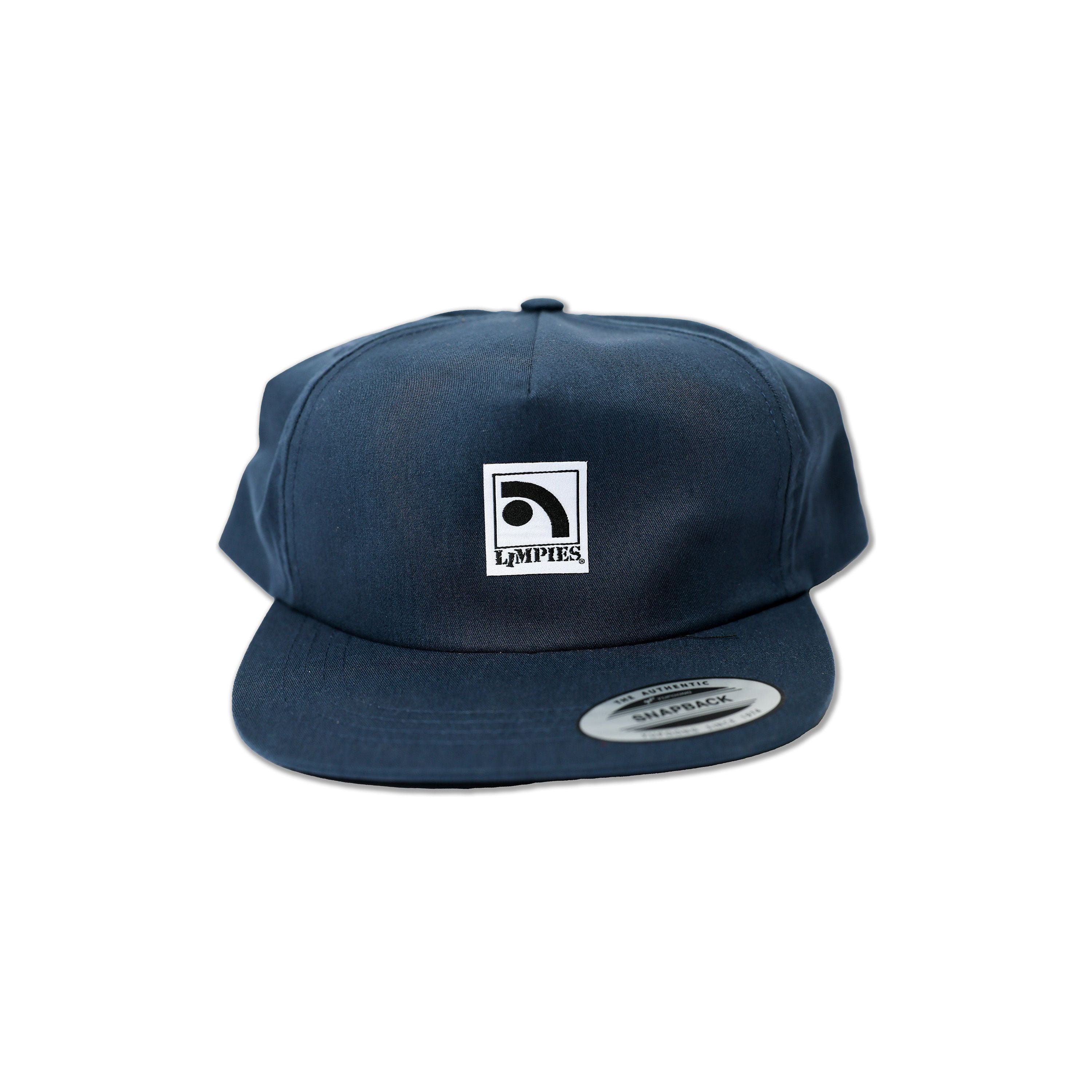 Limpies Patch Logo 5-Panel Unstructured Snapback Hat — retro skatewear brand hat with woven patch logo. Mid-profile 5-panel unstructured crown, one-size snapback closure, vintage street style for skaters.