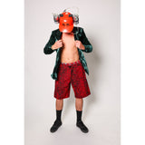 "Over the Knee" skate shorts with a red and black cheetah print. A 90s streetwear print that screams attitude, with the perfect baggy fit for the baggy skate shorts of the era. Made in USA.